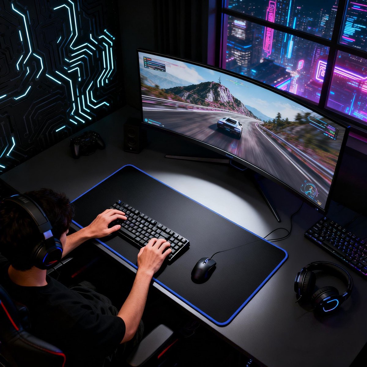 SnelShoppen - XXL Gaming Muismat 900 x 400 mm - Wasbare Rubber Basis - Genaaid - Blauw - Ideaal voor PC, Laptop en Gamers