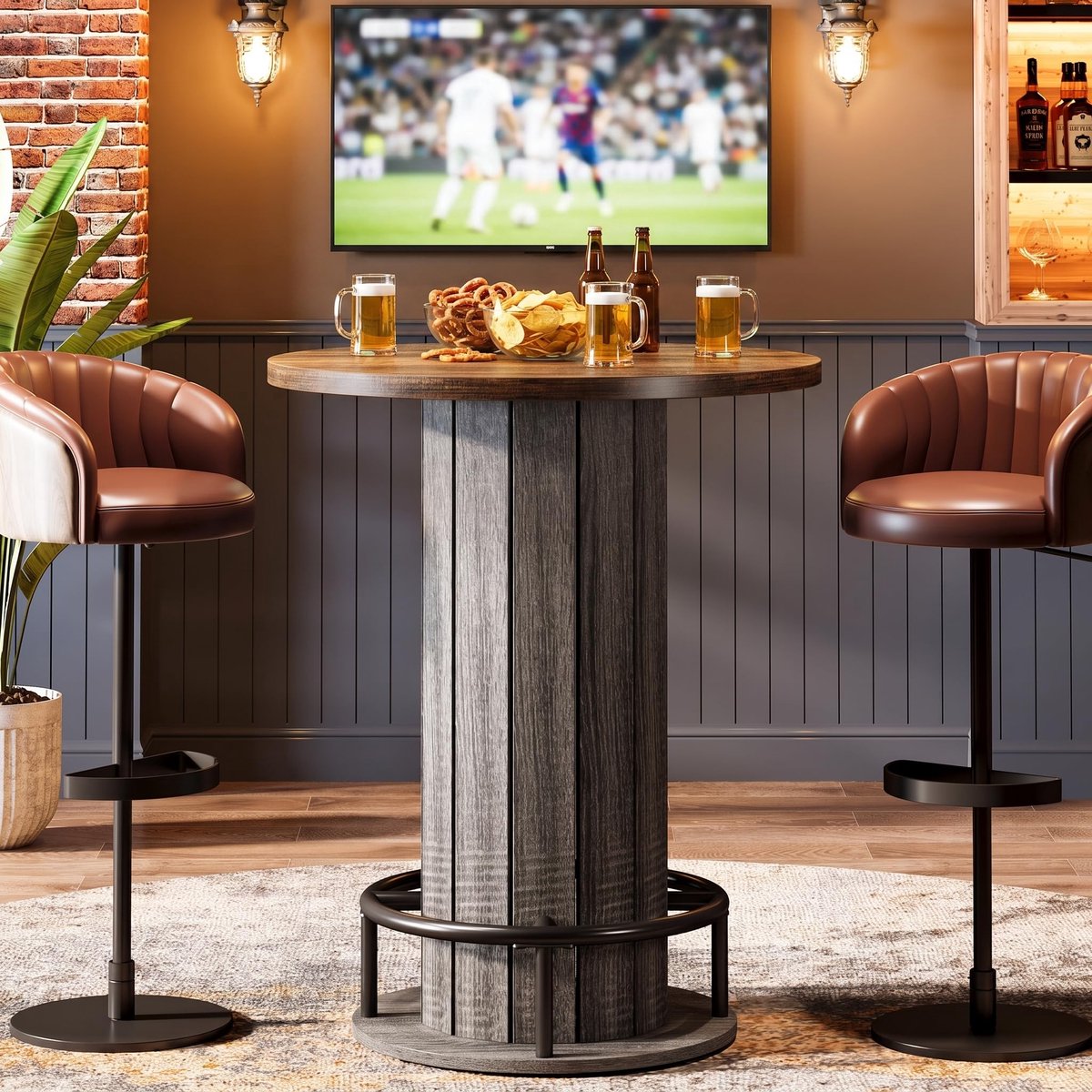 LITTLE TREE 100 cm Hoge Rond Bartafel - Houten bistrotafel met metalen voetsteun - Geschikt voor kleine ruimtes woonkamer - Bruin-grijs