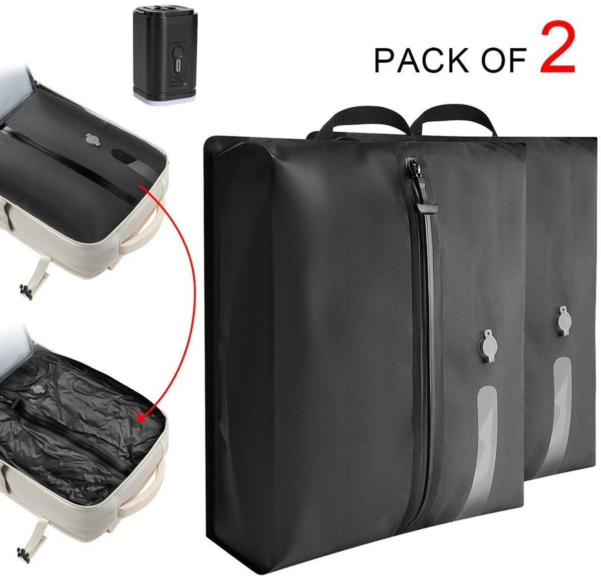 Vacuümzakken voor op reis met pomp (set van 2, 17L) – Herbruikbare compressiezakken voor kleding, inclusief elektrische pomp – Waterdichte opbergoplossing voor koffer en thuisgebruik