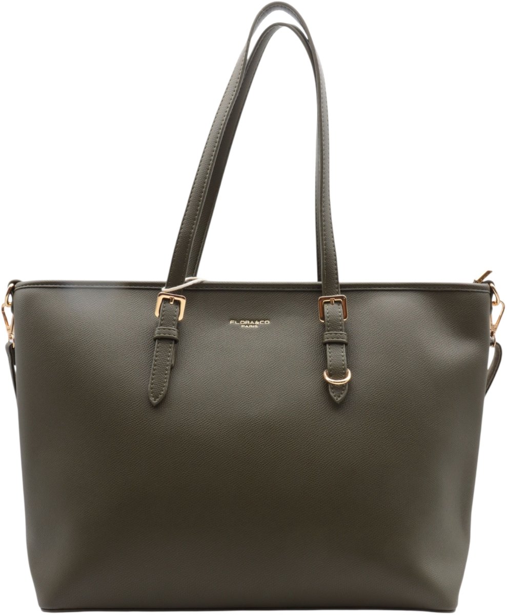 Flora&Co - Handtas - shopper - geschikt voor A4 - met extra lange riem - soft - kaki groen - Ideaal voor school- of werktas
