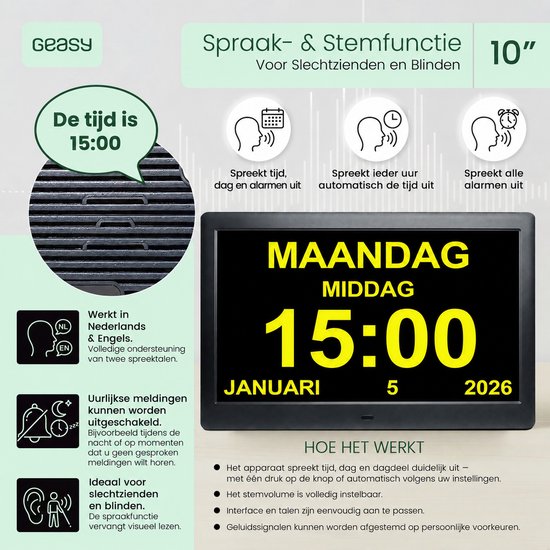 Geasy digitale klok met spraakfunctie voor slechtzienden en blinden, toont "De tijd is 15:00" en de datum MAANDAG MIDDAG 15:00 JANUARI 5 2026.