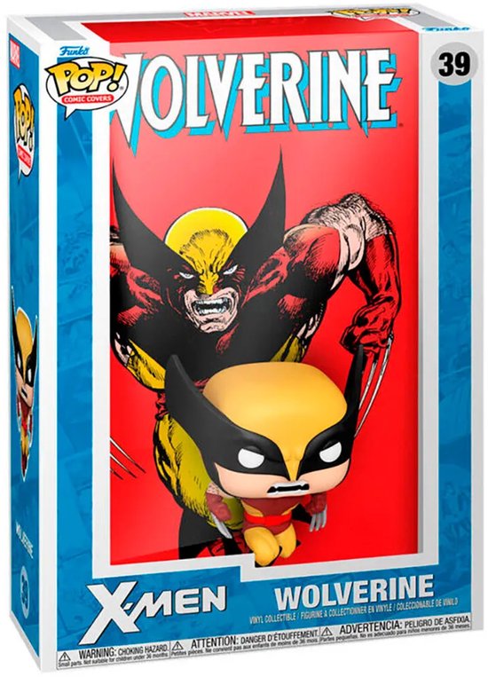 Wolverine Funko Pop-figuur op de voorkant van een stripboek. Het figuur draagt een geel masker met zwarte oren en een rood en geel pak.