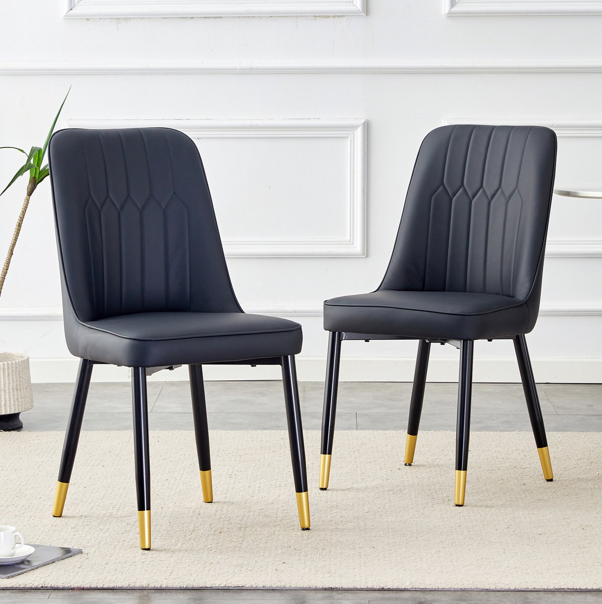 MEUNIQ 2-delige set zwarte eetkamerstoelen met PU-lederen zitting, gewatteerde rugleuning en metalen poten voor eetkamer, keuken en slaapkamer Black