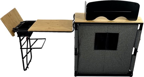 EveBase Flex Deluxe - Campingkeuken - Inklapbare Campingkast met Windscherm/Wasbak/Zijblad - Bamboe - Grijs/Zwart — afbeelding 3