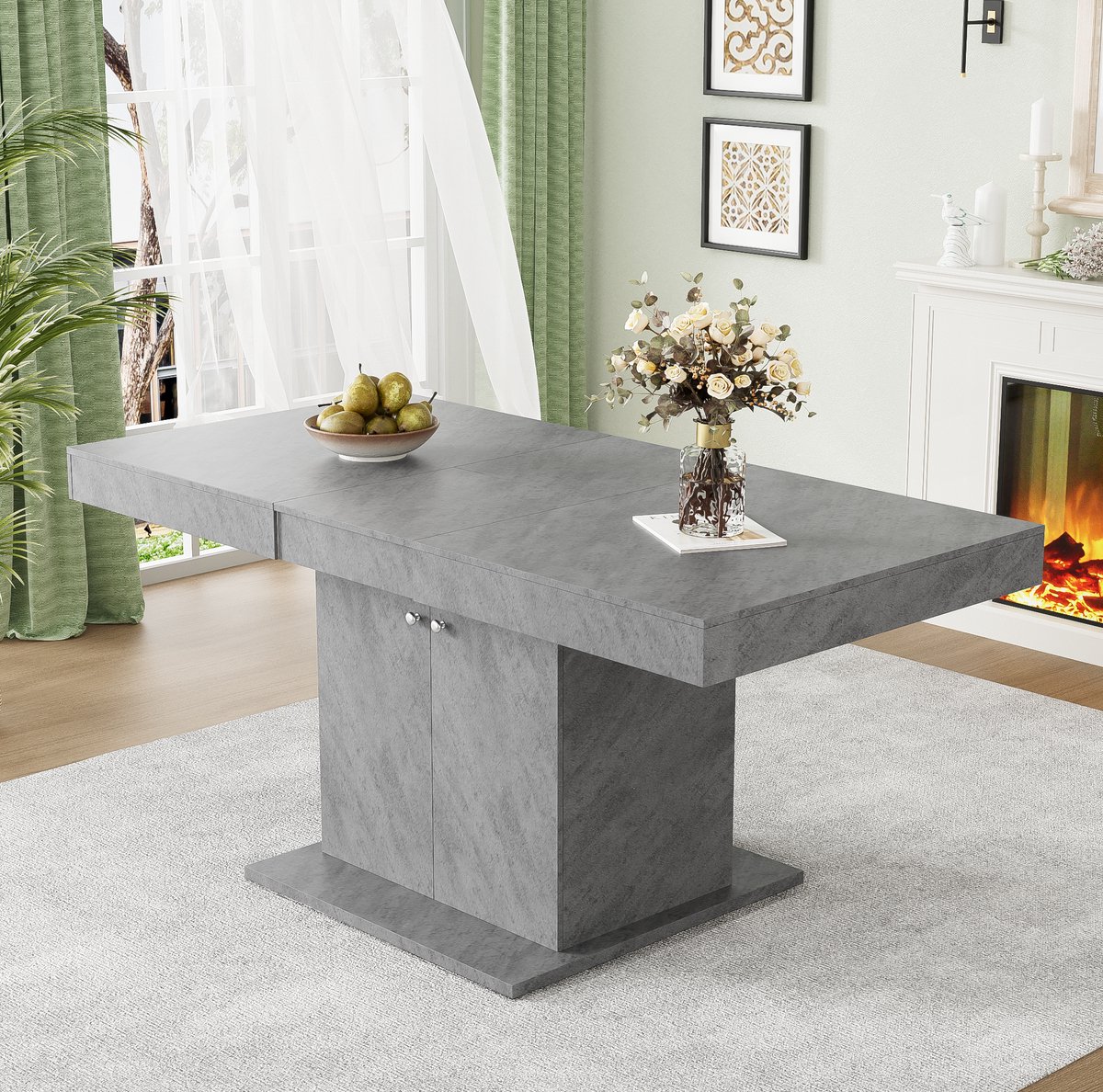 MEUNIQ uitschuifbare eettafel 140/180 x 80 x 76 cm rechthoekig met opbergruimte, betonlook, grijs, voor eetkamer en dagelijks gebruik