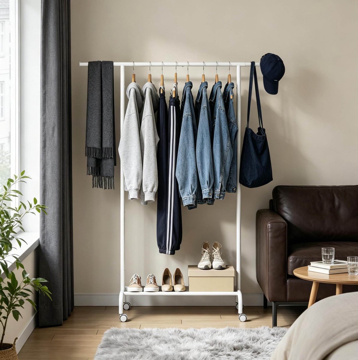 Kledingrek Verstelbaar 84 Tot 124 Cm Metaal Wit Met Wielen En Legplank Voor Slaapkamer Hal En Garderobe Praktische Opbergoplossing
