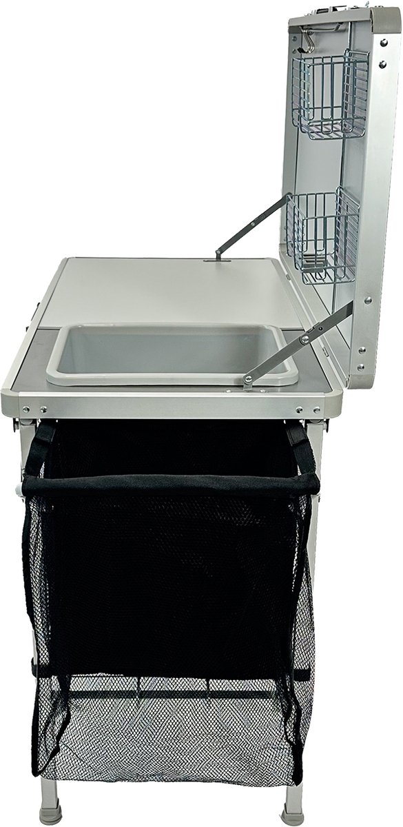 EveBase Silver Deluxe - Campingkeuken met Wasbak - Opvouwbare Campingkast met Opbergruimte en Organizers - Zilver/Zwart — afbeelding 2