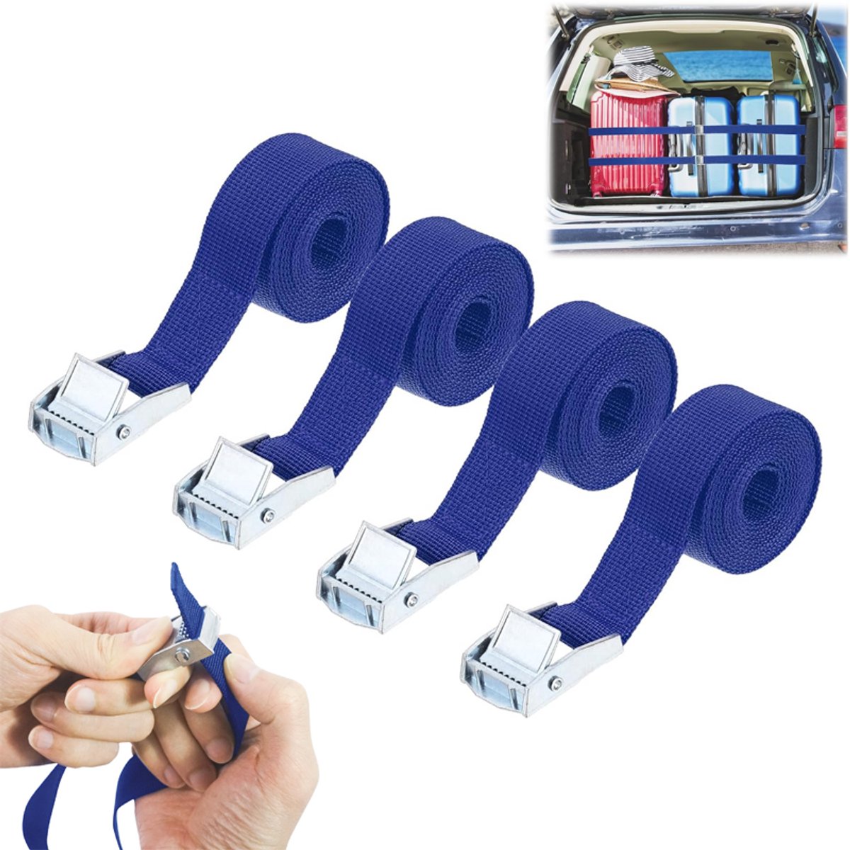 4 stuks - Sjorbanden - Spanbanden 2,5m x 2,5cm- Fiets spanbanden met metalen gesp - Bevestigingsriemen - Bevestigingsriemen met lus - blauw - Voor ladingbevestiging, dakdragers en bagage