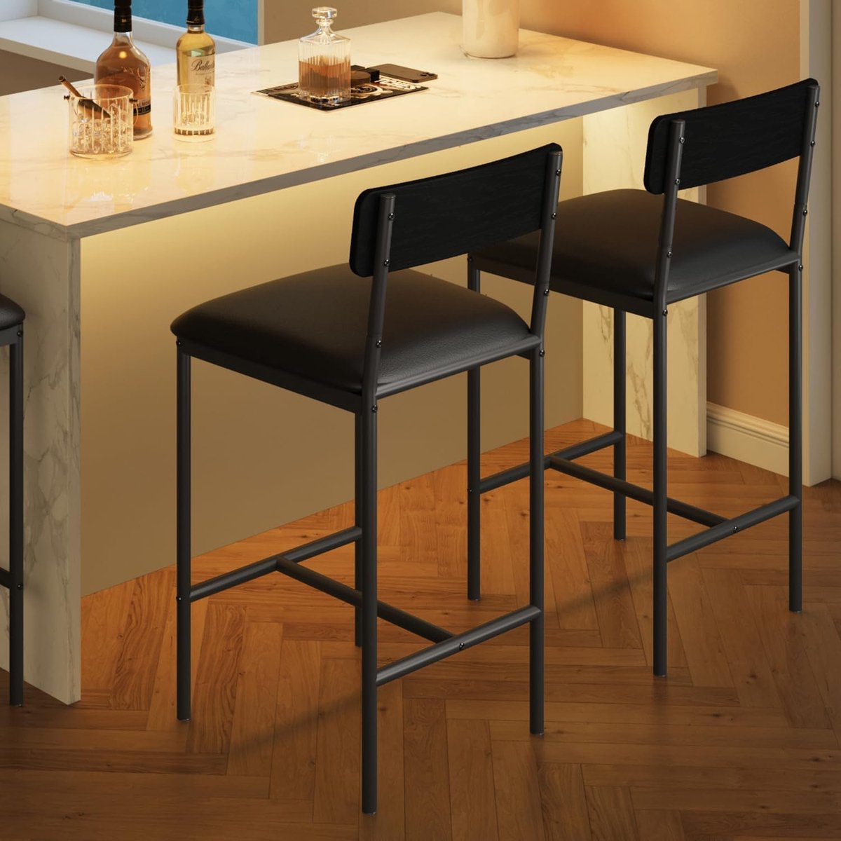 Set van 2 barstoelen, keukenbarstoelen met voetsteun, 64,8 cm hoge gestoffeerde stoelen met rugleuning, 2 barstoelen op aanrichthoogte voor bar en keukeneiland, eenvoudige montage