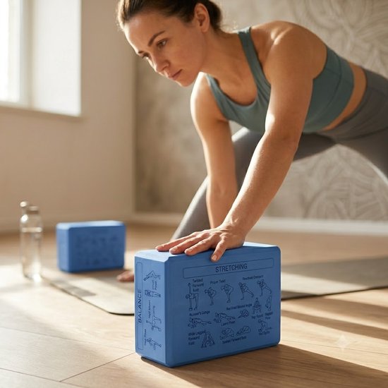 Blauwe Pilates blokken yoga blokken set unisex 2 delig EVA schuim antislip yogablokken met yogahouding gids op 6 zijden afgeschuinde randen voor yoga pilates meditatie stretching en balans — afbeelding 3