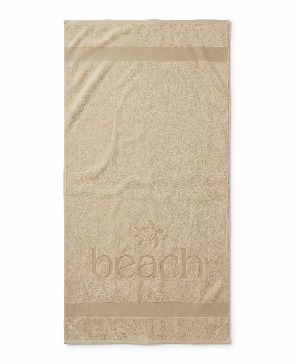 LINNICK Strandlaken Velours Katoen Happy Beach 100x200cm - beige - Strandlaken Groot - Strandlaken 100x200 - Strandlaken Katoen - Strandlaken Beach