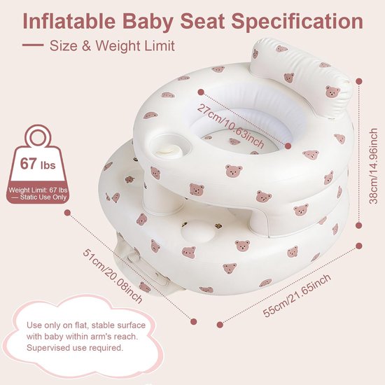 Opblaasbaar babyzitje voor baby's van 3-36 maanden – Babystoel met veiligheidsrand en ingebouwde luchtpomp – Opblaasbaar vloerzitje met rugsteun – Ideaal voor thuis en op reis - Kleine Beer (Groot formaat) — afbeelding 5