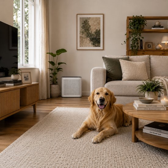 Witte luchtreiniger staat op de vloer in een modern ingerichte woonkamer, naast een zandkleurige bank. Een golden retriever ligt op het kleed.