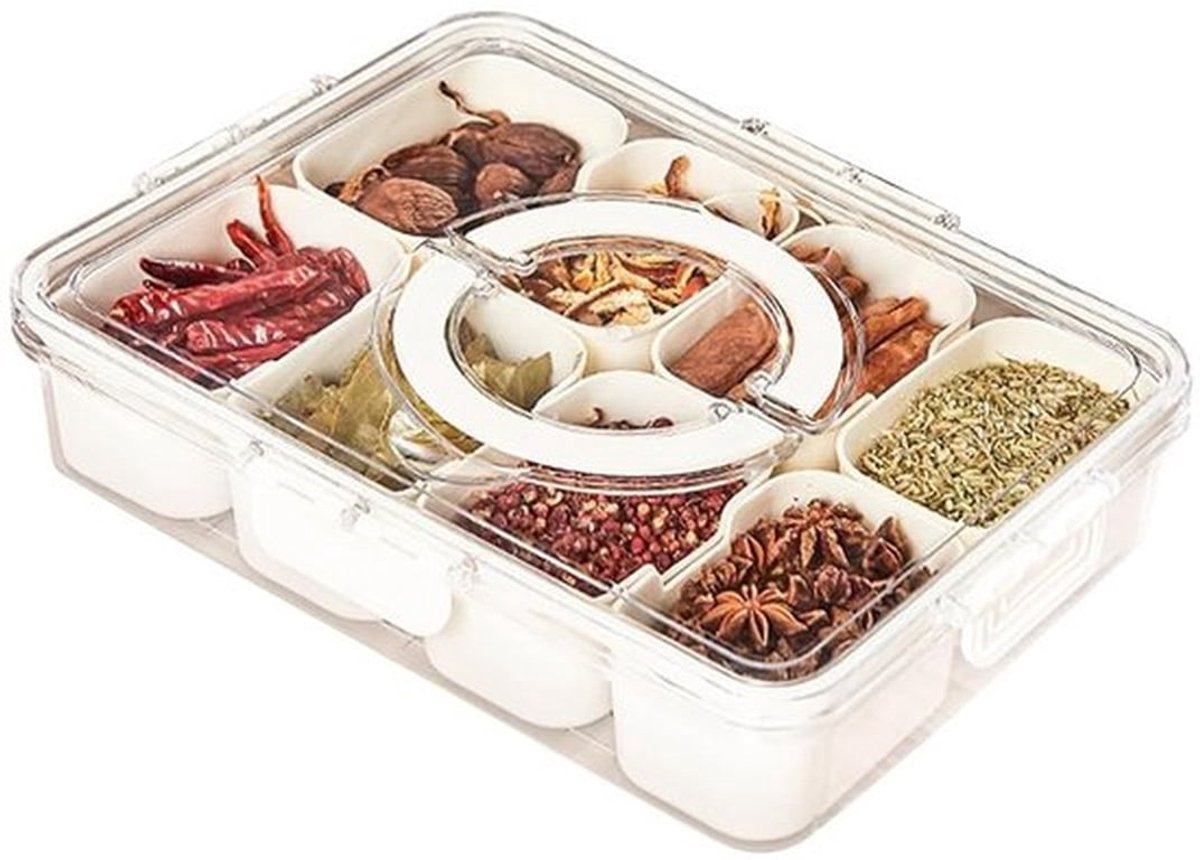 Voedselcontainer 8 Compartimenten - Snackbox met Deksel - Transparante Voedselopslag - Handvat - Voedsel Bewaren - Geschikt voor Snacks en Specerijen - Snackdoos