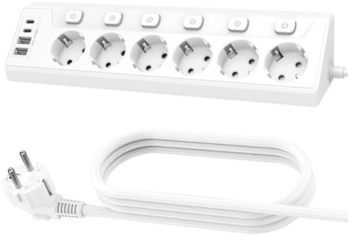 Hoekstopcontact met USB, 6 stopcontacten, bureau stopcontact met schakelaar, multifunctionele stekkerdoos, met 2 USB en 2 Type-C, 10-in-1, wit
