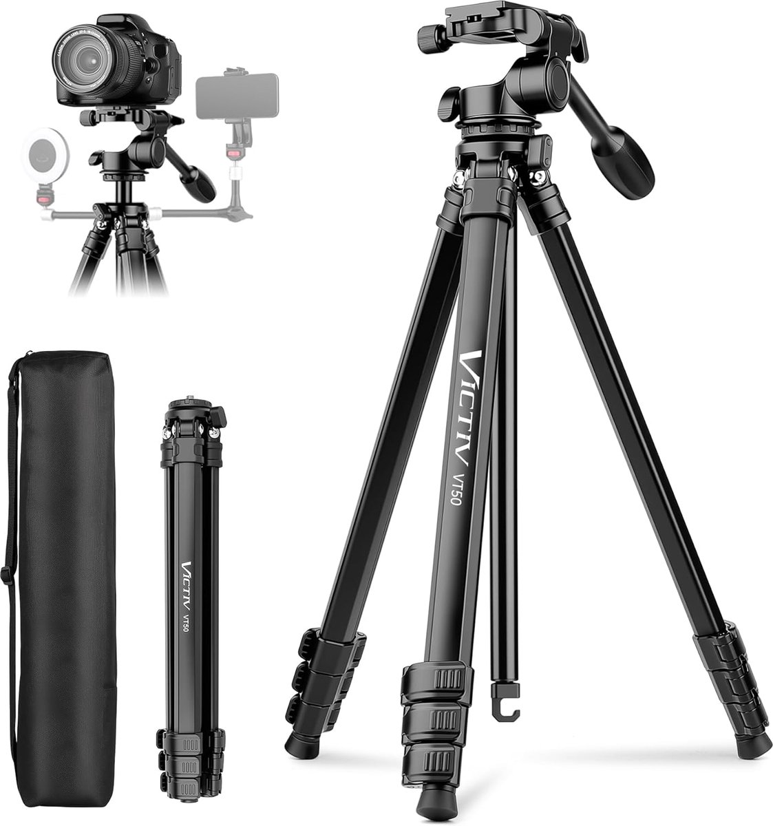 Victiv Aluminium Camera Statief 51-170cm, Reisstatief met Afneembare Metaal Kop & Telefoonhouder, Compact DSLR Statief - ShopVlot