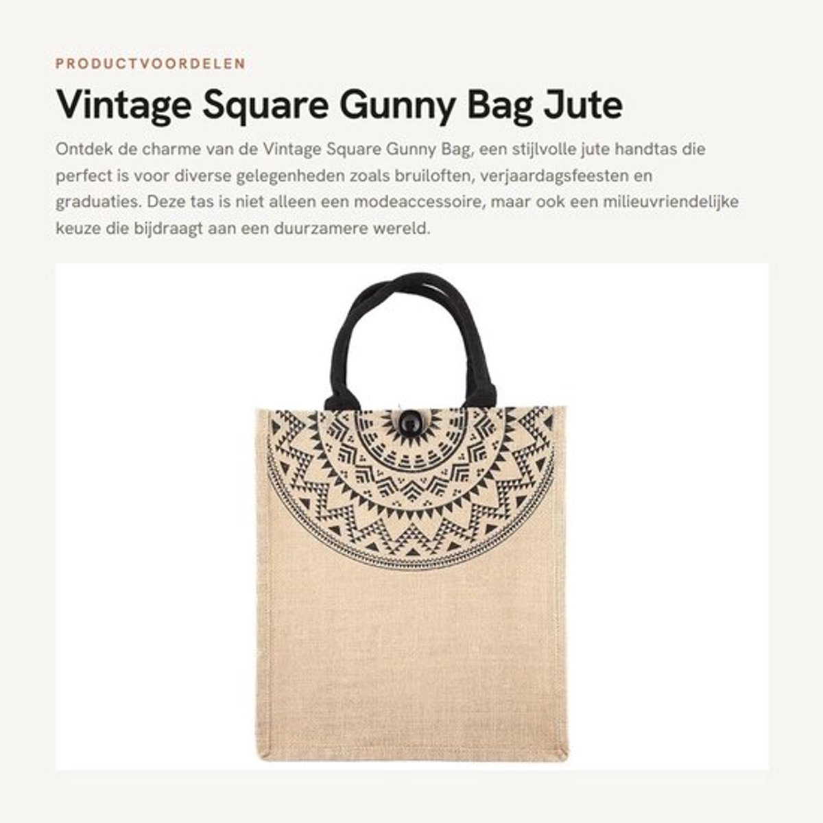 Jute Handtas - Vintage Boheemse Stijl - Duurzaam Materiaal - Lichtgewicht - Brede Handgreep - Afmetingen L: 36 x 40 x 15 cm - Boodschappentas