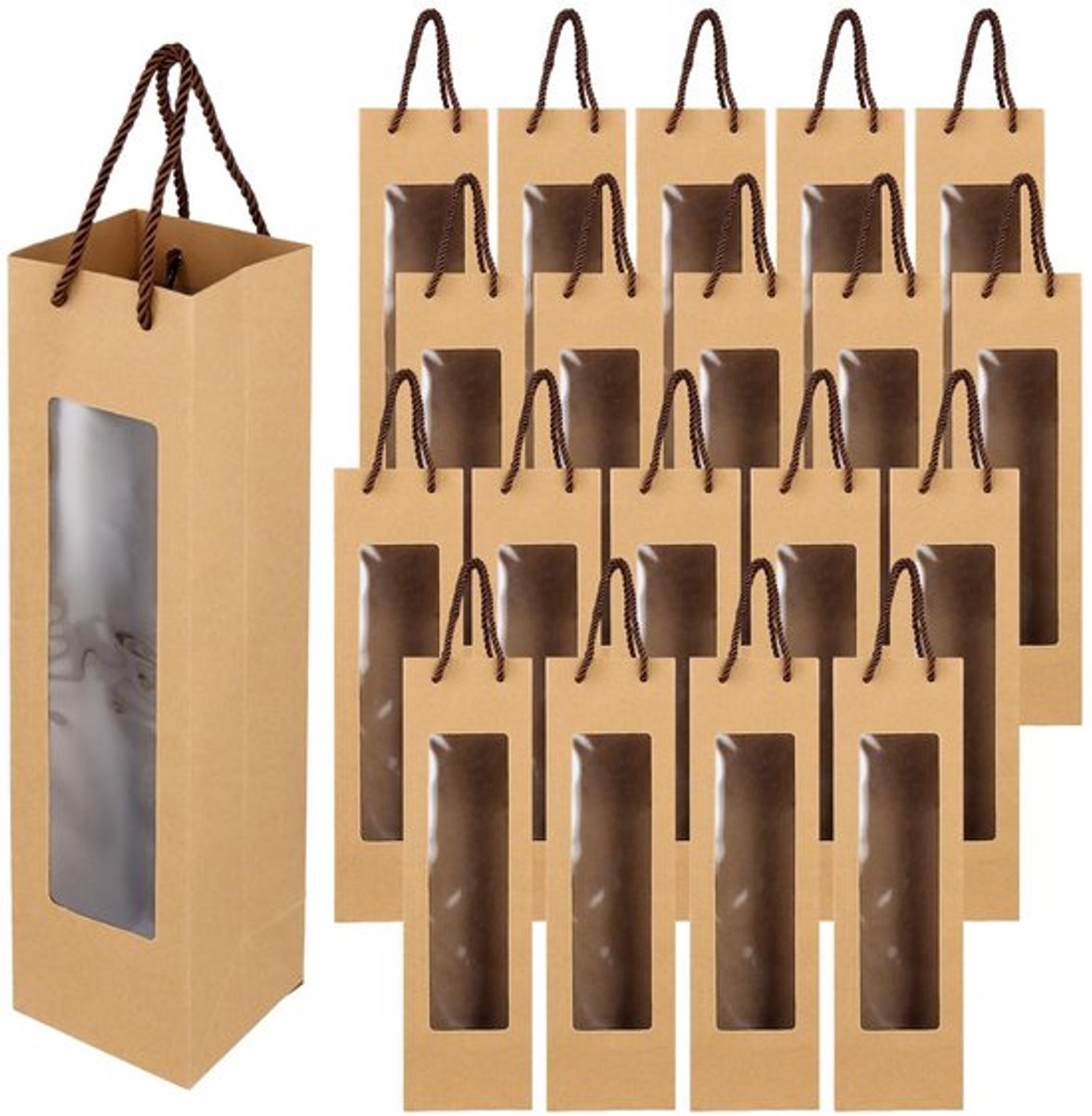 Wijnfleszakken - Kraftpapier - Kijkvenster - Bruin - Cadeauzakjes - 20 stuks - Voor bruiloft en feest