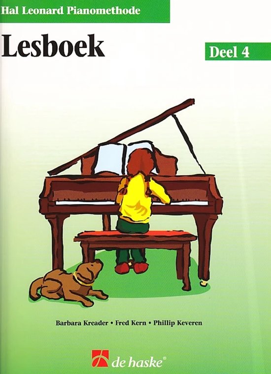 Een meisje in een gele trui speelt piano met haar hond ernaast. "Hal Leonard Pianomethode Lesboek Deel 4".