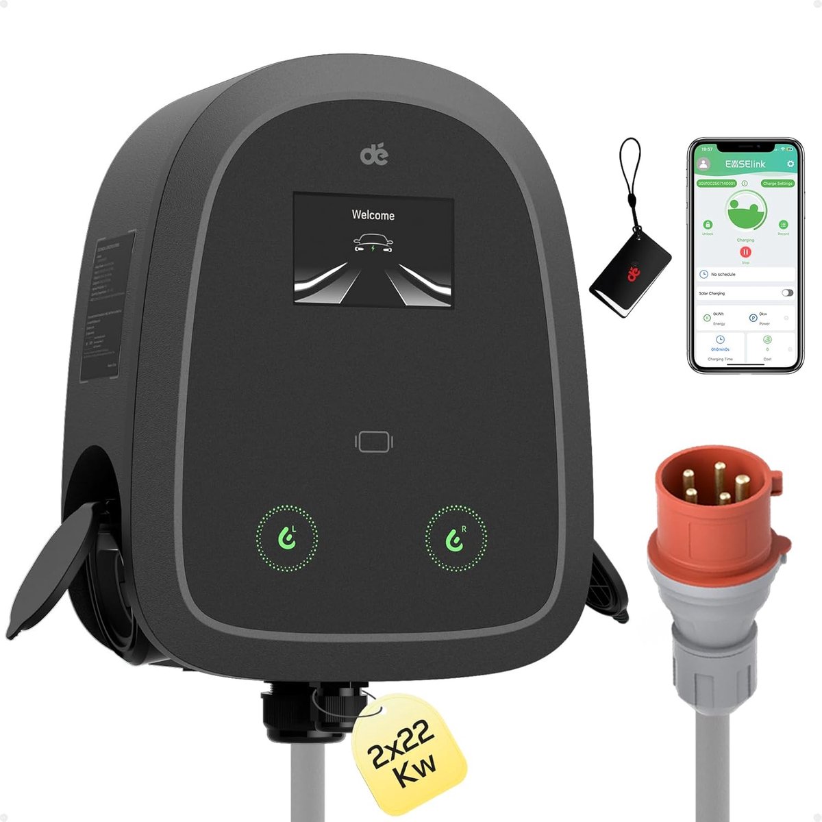 SnelShoppen - Dual-Cable Wallbox 22kW EV Lader met Twee Type 2 Aansluitingen, 3-fase, Gelijktijdig Opladen van Twee Auto's, App en RFID Toegang voor B