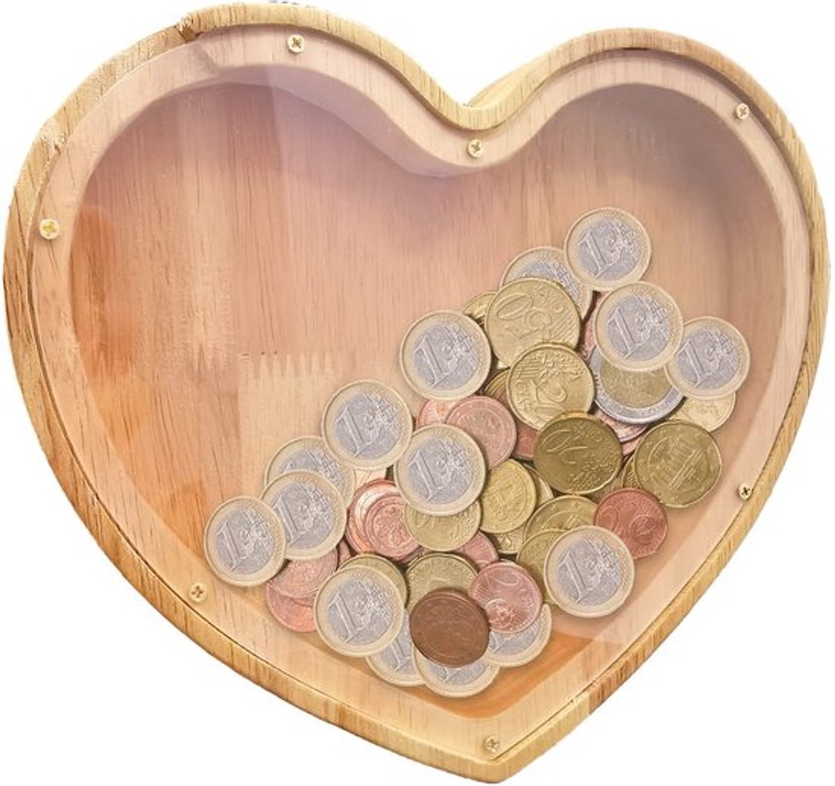 Spaarpot Houten - Gepersonaliseerd Hartvormig - Transparant Venster - Decoratie voor Slaapkamer - Opberger voor Munten - Geschikt voor Kinderen - Besparingspot
