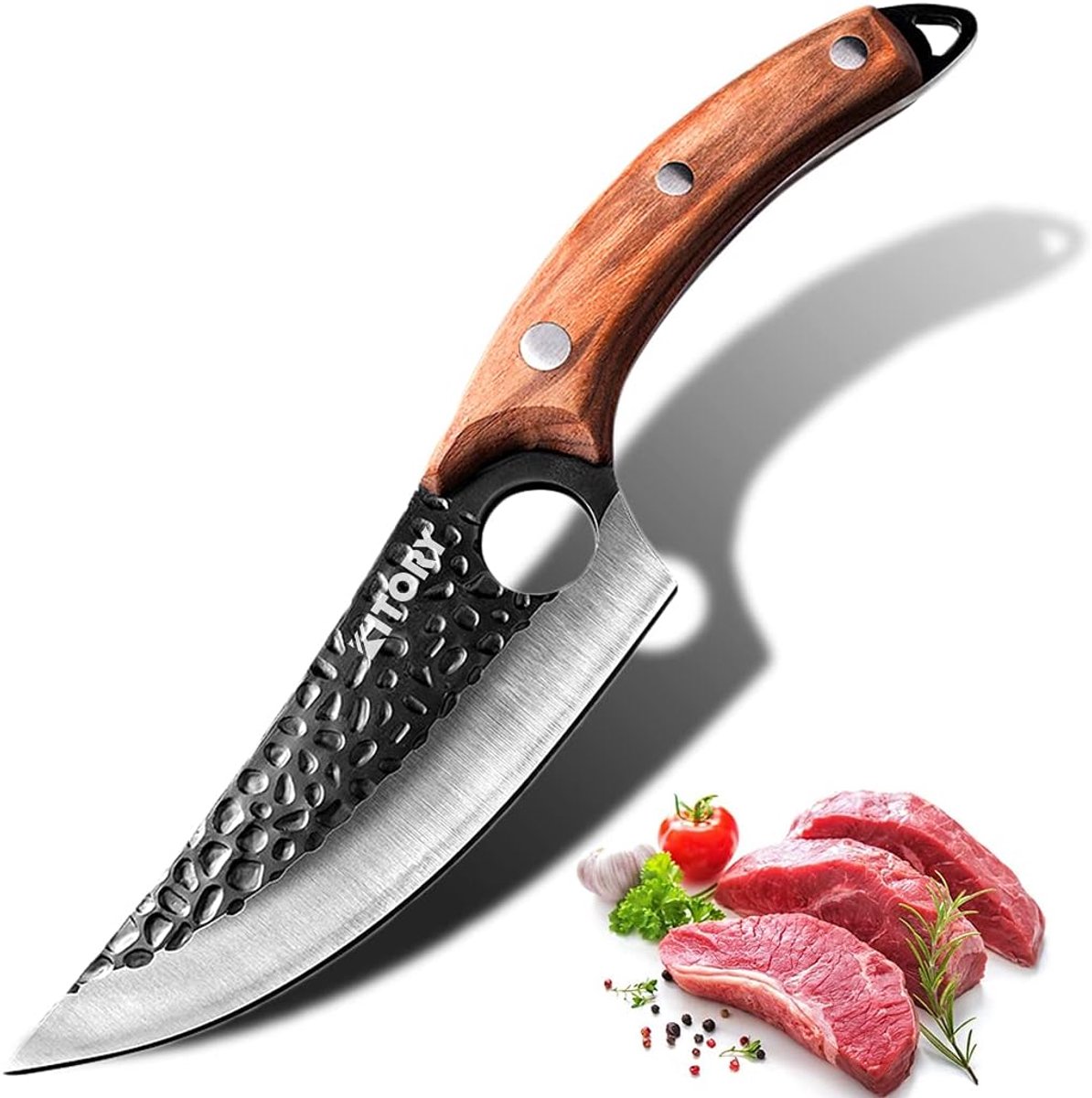 Ontbeent mes 15cm - handgesmeed hoogwaardig koolstofstaal - antislip Pakka-houten handvat - ideaal voor barbecue - SnelShoppen