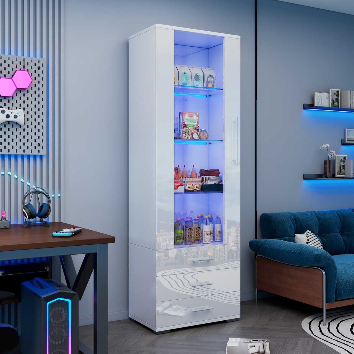 COVREO Vitrinekast 60x35x180 cm – wit, hoogglans front, LED-verlichting en 3 lades