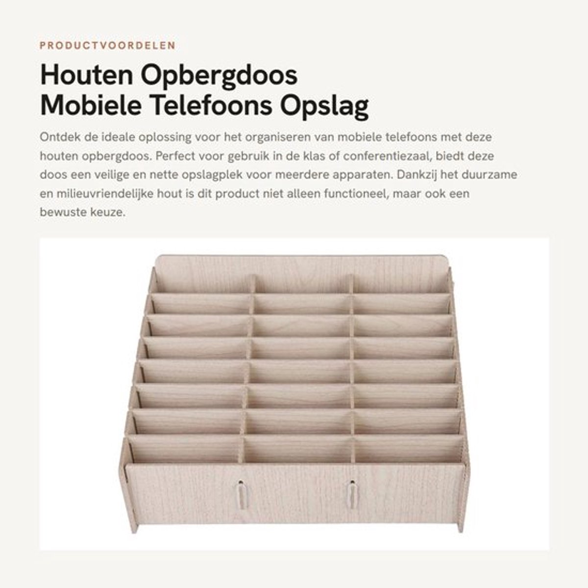 Opbergdoos Houten - Mobiele Telefoons - Opslag met Meerdere Cellen - Duurzaam en Milieuvriendelijk - Geschikt voor Klaslokaal - Afmetingen 32,5 x 23,5 x 3,5 cm - Telefoonopslag