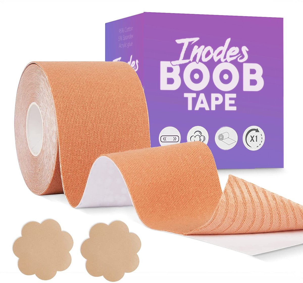 Inodes Boob Tape met 2 Tepelcovers - 5 Meter Boobtape Sandy - Plak BH (5,0 cm breed) - Strapless Plak BH Alternatief - BH accessoires