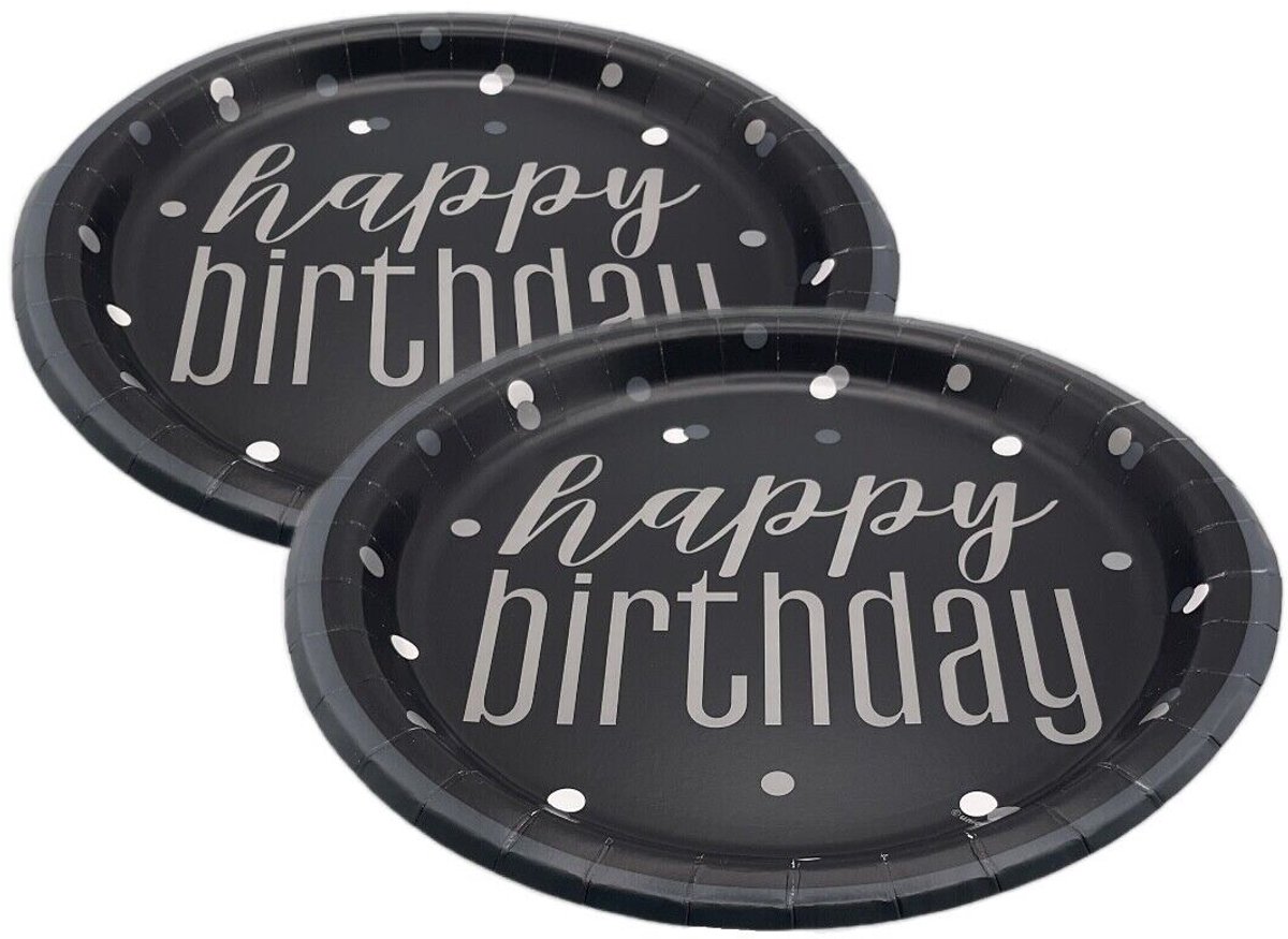 Happy Birthday Borden Zwart Stippen 22,2cm 8st - Unique - Kartonnen feest bordjes verjaardag