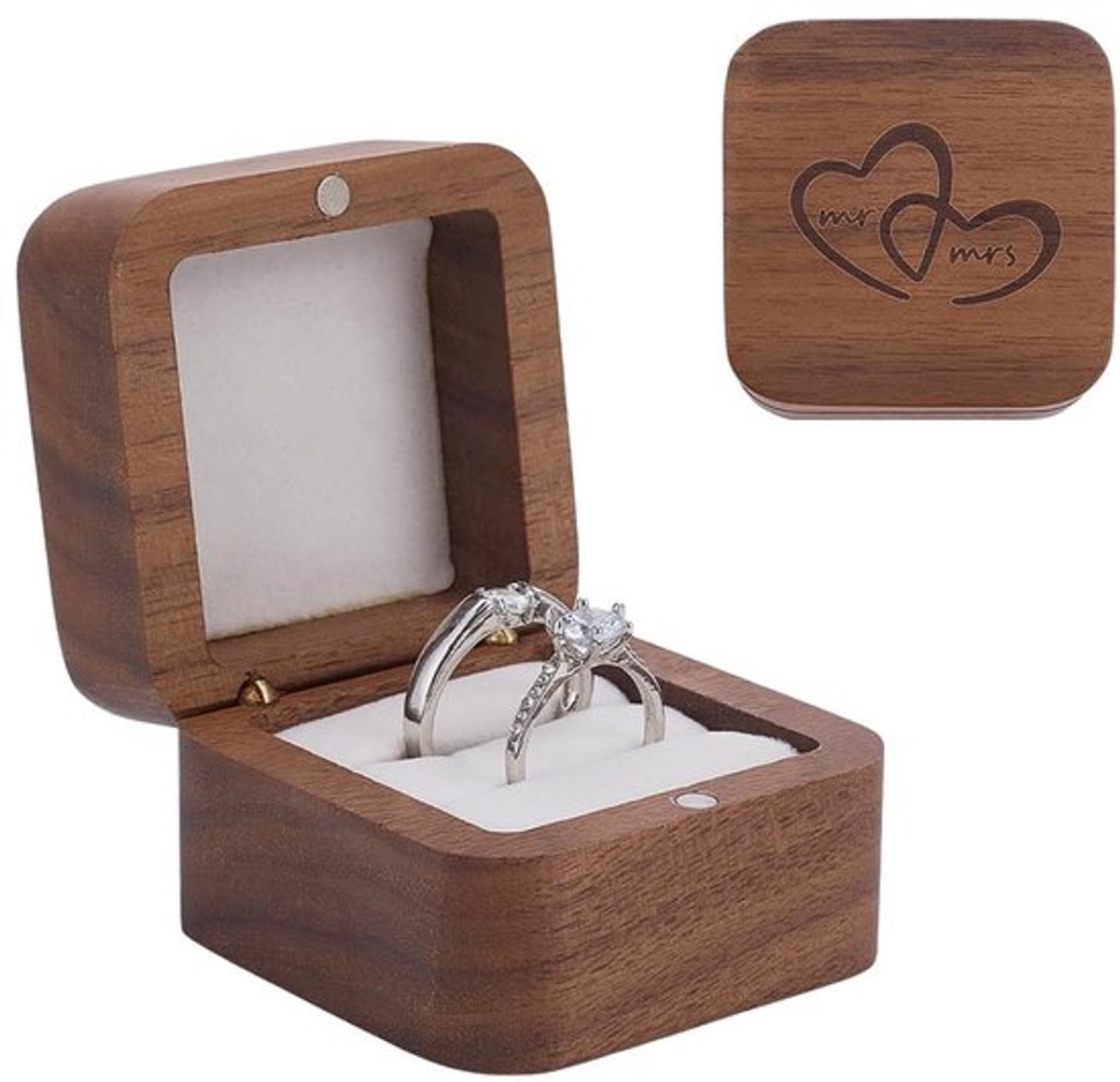 Ringenbox Hout - Gegraveerde Ringdoosje - Dubbele Sleuf - Bruiloft - Aanzoek - 5.5 x 5.5 x 3.8 cm - Witte Velours Binnenkant - Ringdoos
