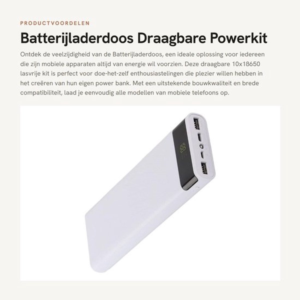 Batterijladerdoos - Draagbare Powerkit - Ondersteunt Mobiele Telefoons - Wit - DIY Power Bank - Lasvrije Kit
