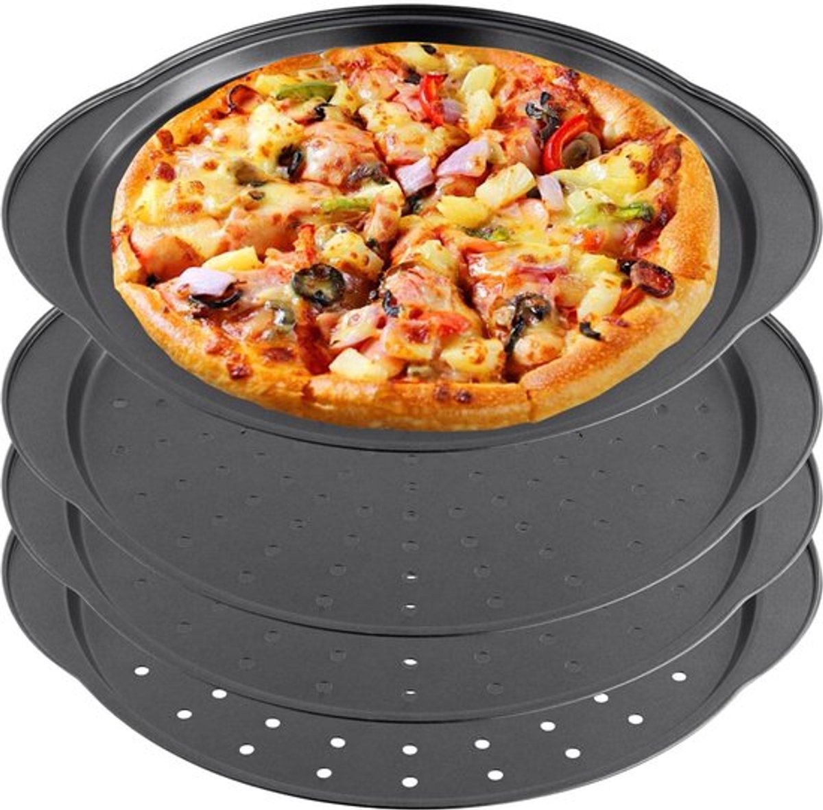 Pizzaplaat rond 32 cm - Geperforeerde pizzavorm - Koolstofstaal - Hoge temperatuurbestendigheid - 4 stuks - Donkergrijs - Pizzapan
