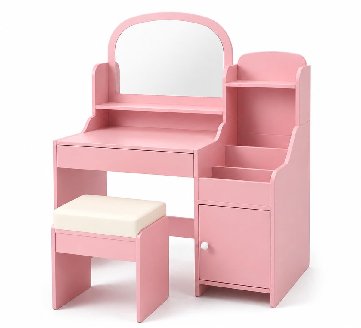 SnelShoppen - Hoopyosms Kaptafel voor Kinderen met Spiegel en Kruk, Houten Meisjes Kaptafel in Roze met Kast en Planken, Perfect voor Speelgoed en Acc