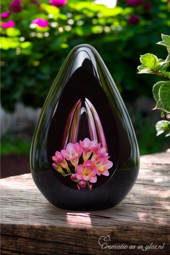 Zwarte glazen druppelvormige urn met roze fresia bloemen en roze reflecties binnenin. Gevuld met as.