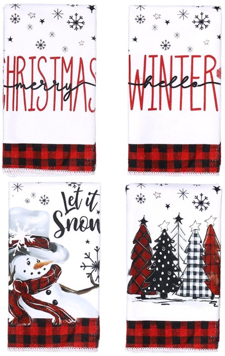 Kerst Theedoeken Set - 4 Stuks, Polyester, Wit en Rood, 60 x 40 cm