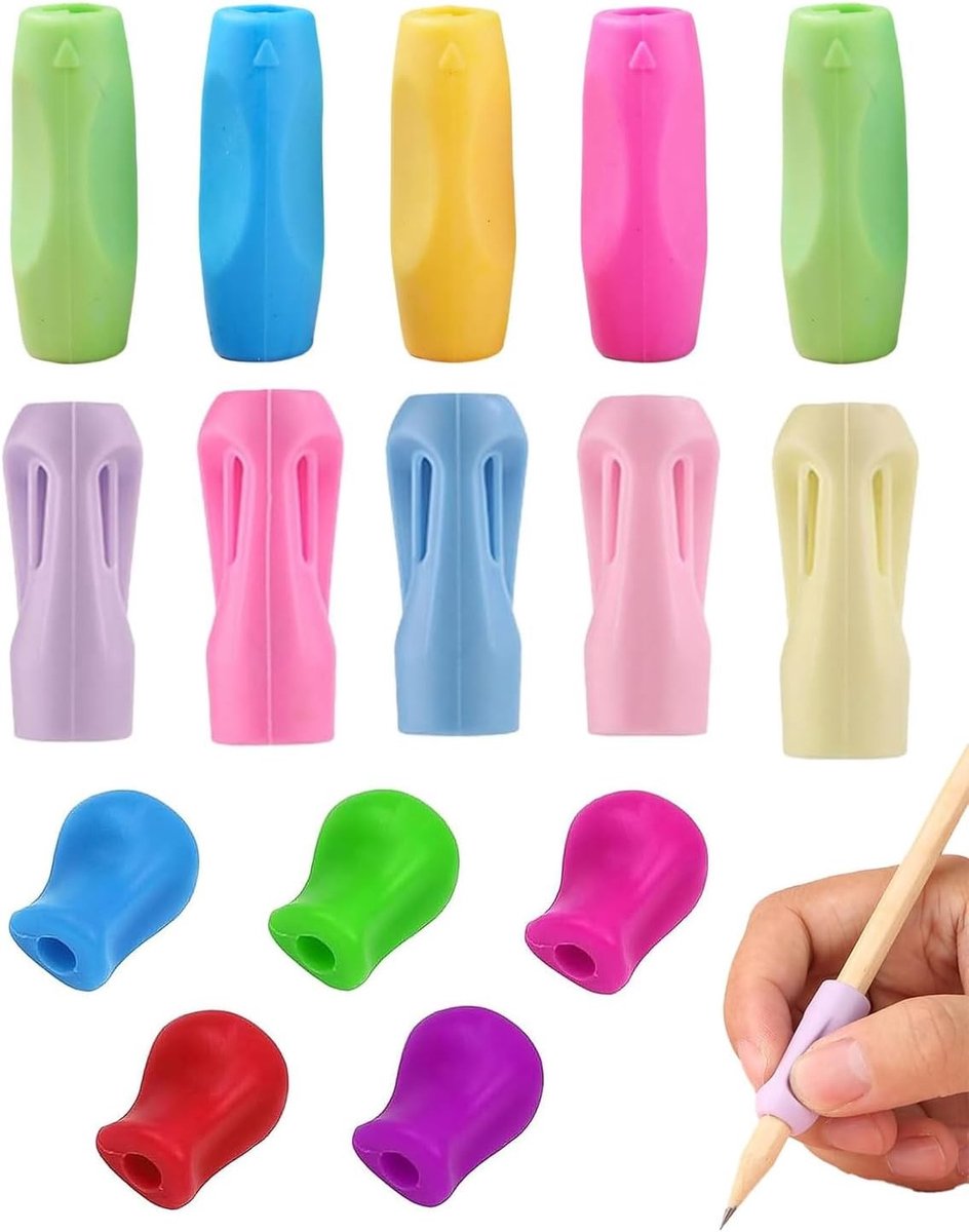 Kleurrijke siliconen penhouders voor kinderen, 15 stuks, schrijfgereedschap voor links- en rechtshandigen, 3 stijlen, ergonomisch en comfortabel