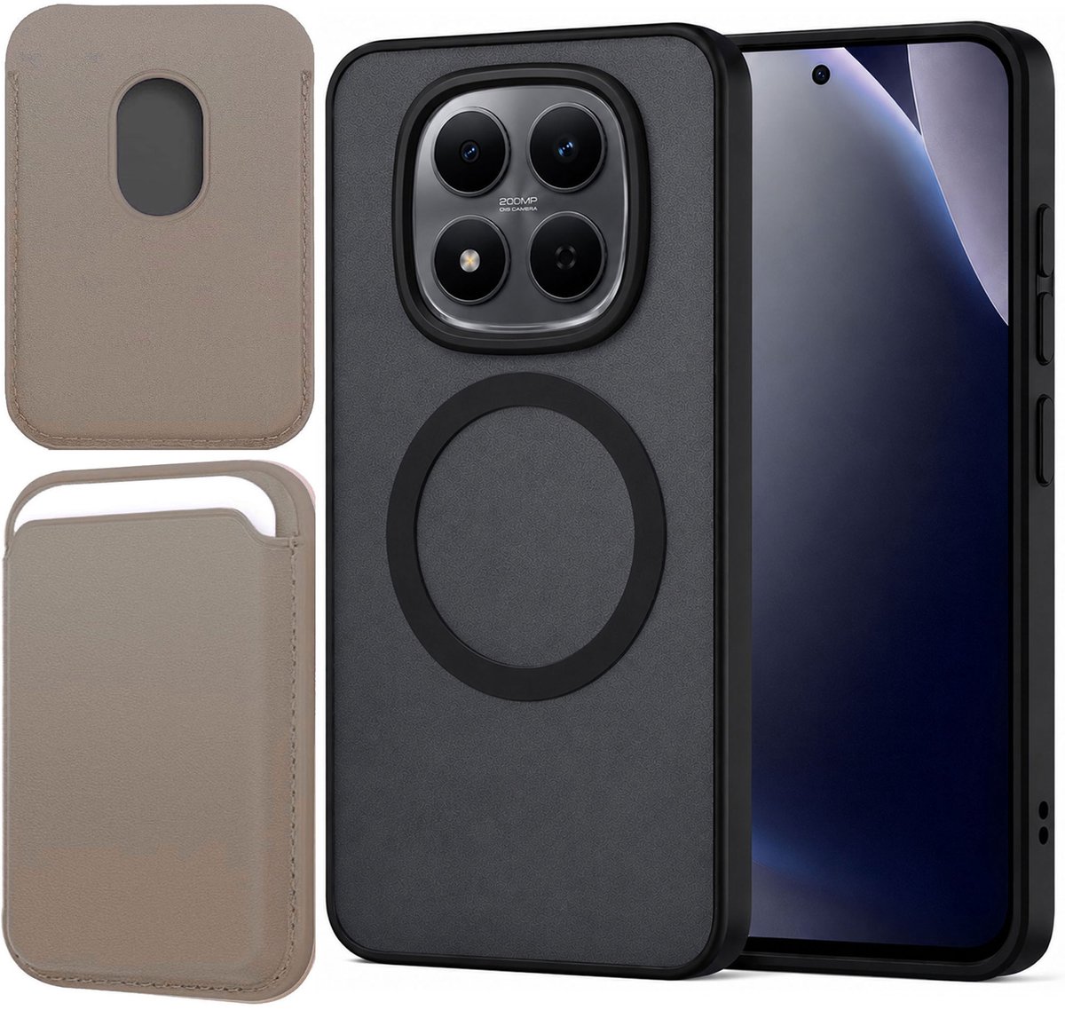 Hoesje + Pasjeshouder geschikt voor Xiaomi Redmi Note 15 Pro+ 5G - Portemonnee geschikt voor MagSafe - Magnetisch - Pasjes Houder - Creditcardhouder - Taupe