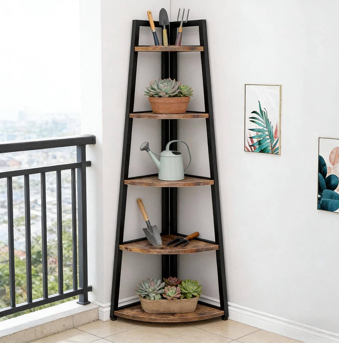 Boekenkast STILVORA – 66 x 25 x 178 cm – 5 Laags Hoekrek Van Metaal En Hout – Zwart En Rustiek Bruin – Vrijstaand Open Opbergen