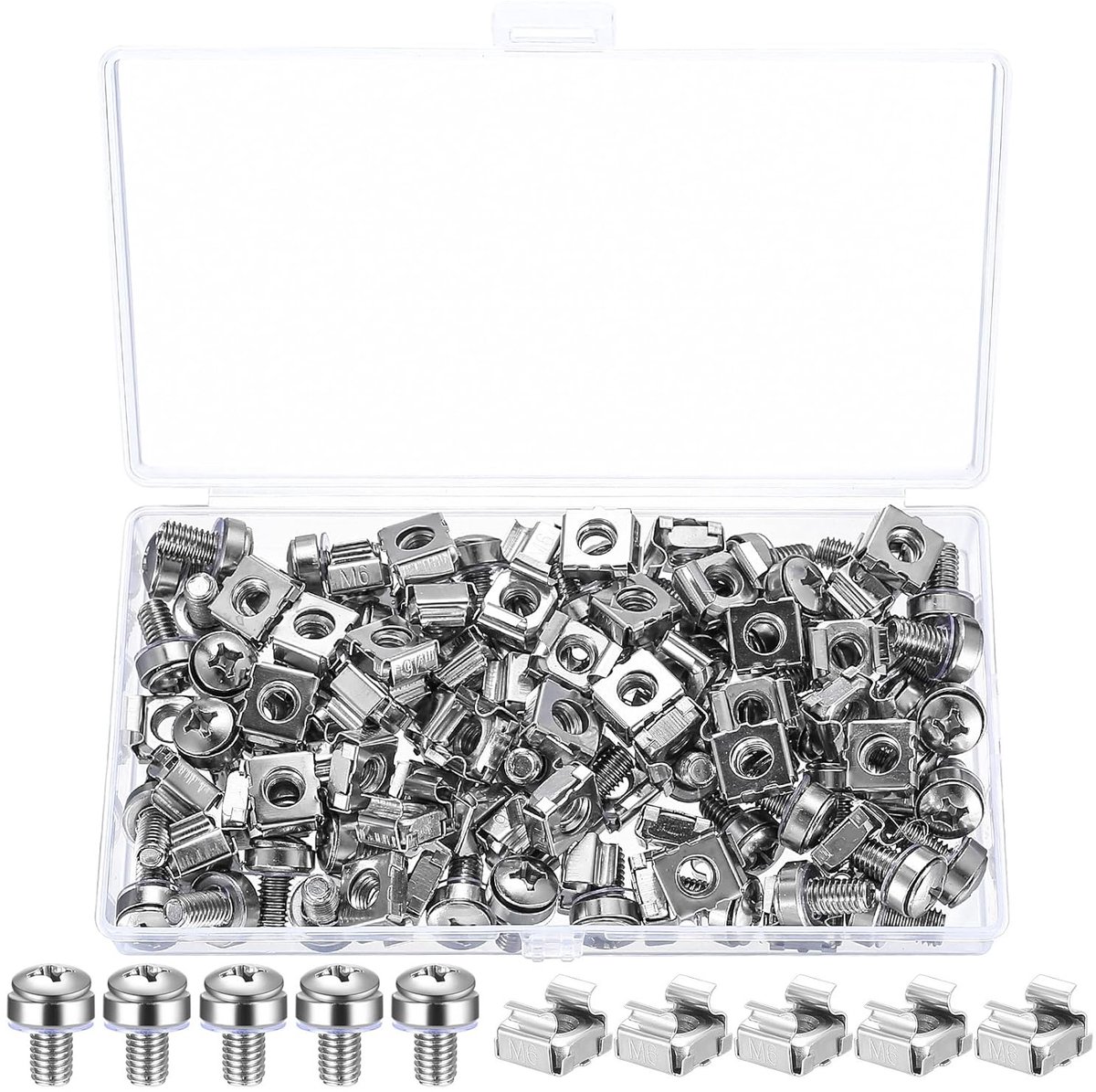 M6 x 16mm Cage Nuts en Schroeven Set voor Rackmontage, 110 Stuks voor Serverkasten en Netwerkbehuizingen, Ideaal voor Patch Panels en Racks