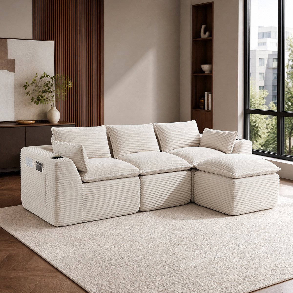 REDOM - Bank - Modulaire 3-zits hoekbank met voetbank - Corduroy bekleding - Kussens inbeg