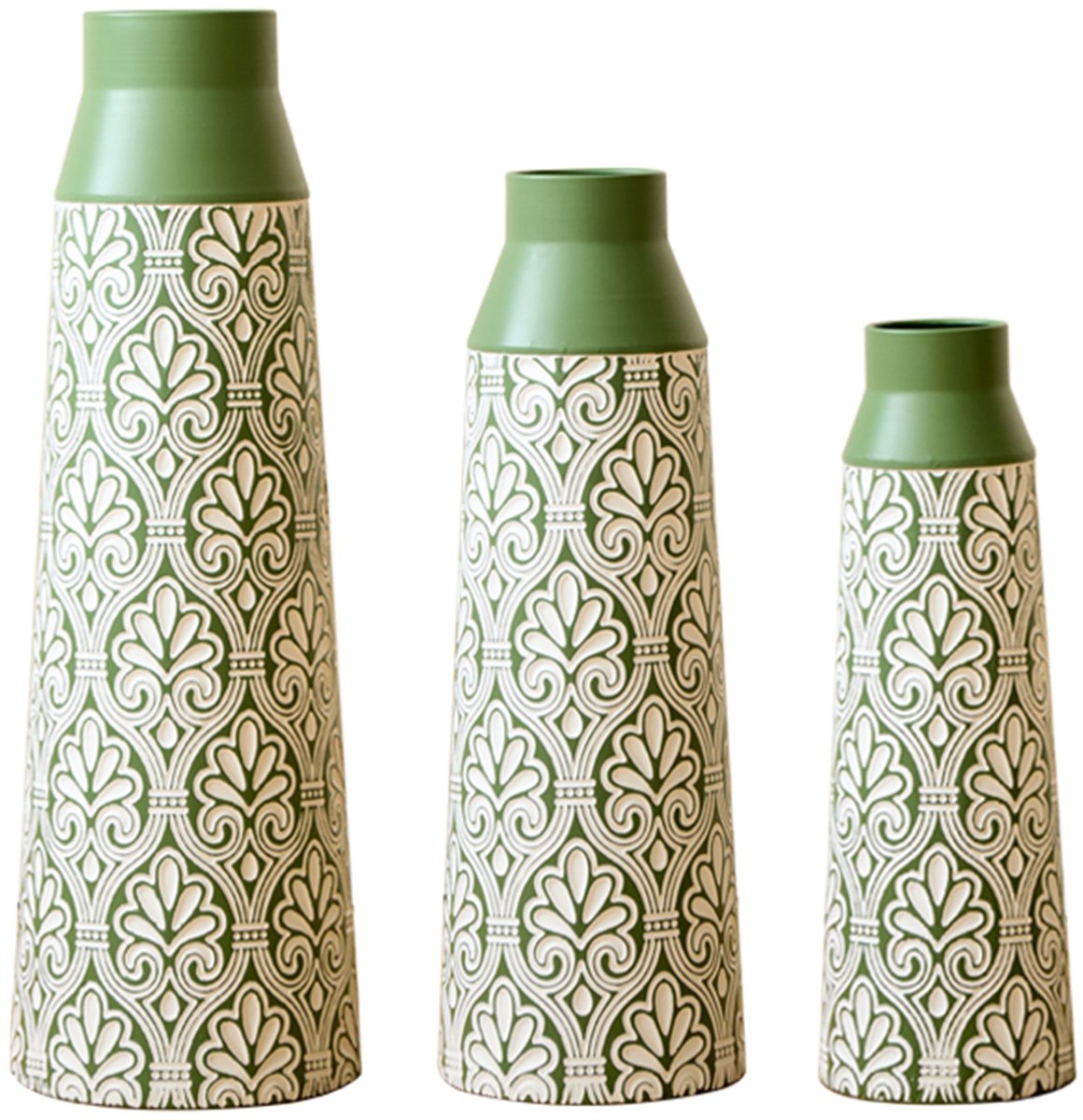 REDOM - Vaas - 3-delige vloervaas set - Retro ornament decoratie - Niet waterdicht - Klassieke stijl - Woonkamer en hal - Metaal - Groen - 61,5/51/43,5 cm