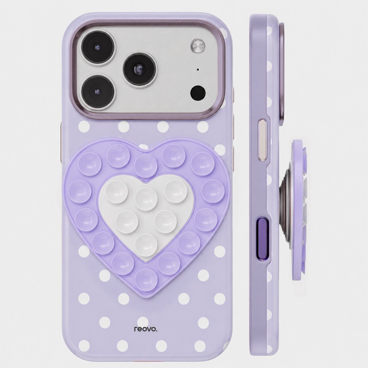 Reovo Stippen Hoesje - Geschikt voor iPhone 17 Pro Max - Hartvormige Zuignap Grip & Telefoonhouder - Octobuddy - Paars - Wit