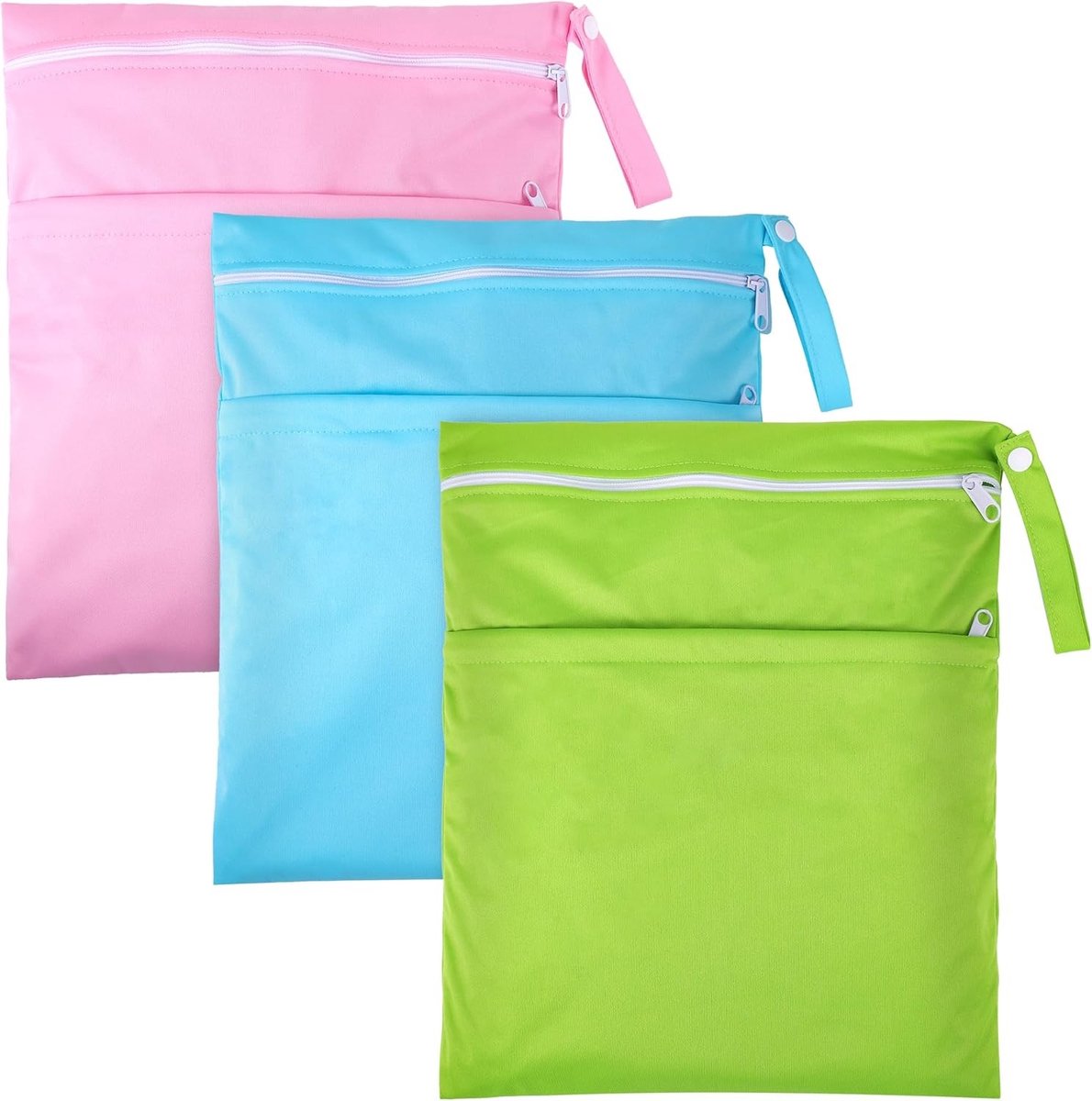 Herbruikbare natte tassen set van 3, wasbare luiertassen met dubbele rits voor baby's, zwemmen en reizen, ideaal voor gym en uitjes, groen, blauw en roze