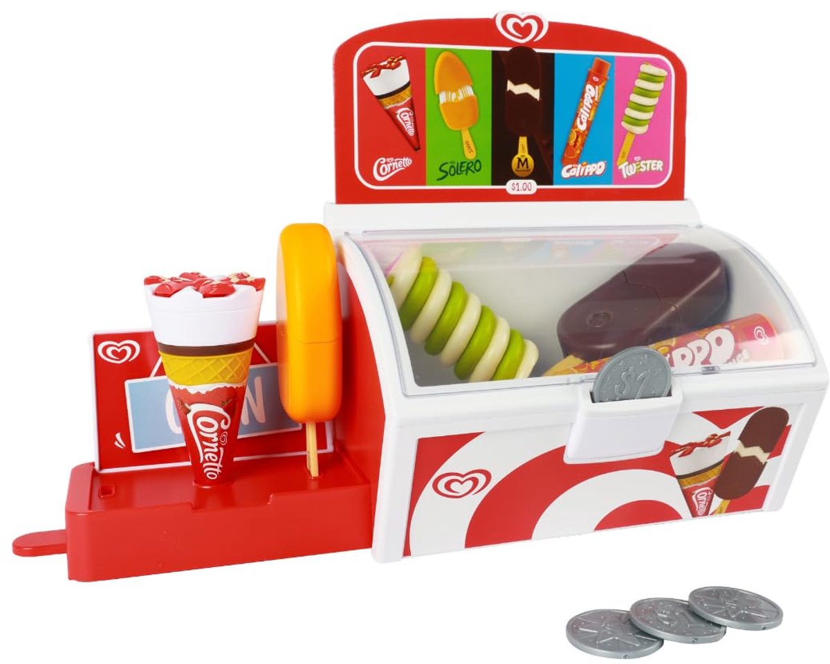 SnelShoppen - IJs koelbox speelset voor kinderen 2 jaar+, met uitneembare standaard, speelmunten en 5 ijsdozen, perfect voor feest en buitenactiviteit