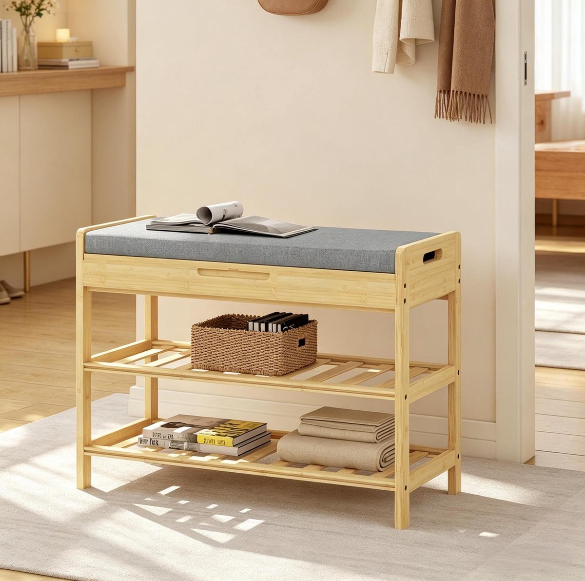 Schoenenkast Met Zitbank – 68 X 50 X 30 Cm – Bambus – Grijs – Met Opbergruimte Voor Hal En Slaapkamer – Met Zachte Zitting