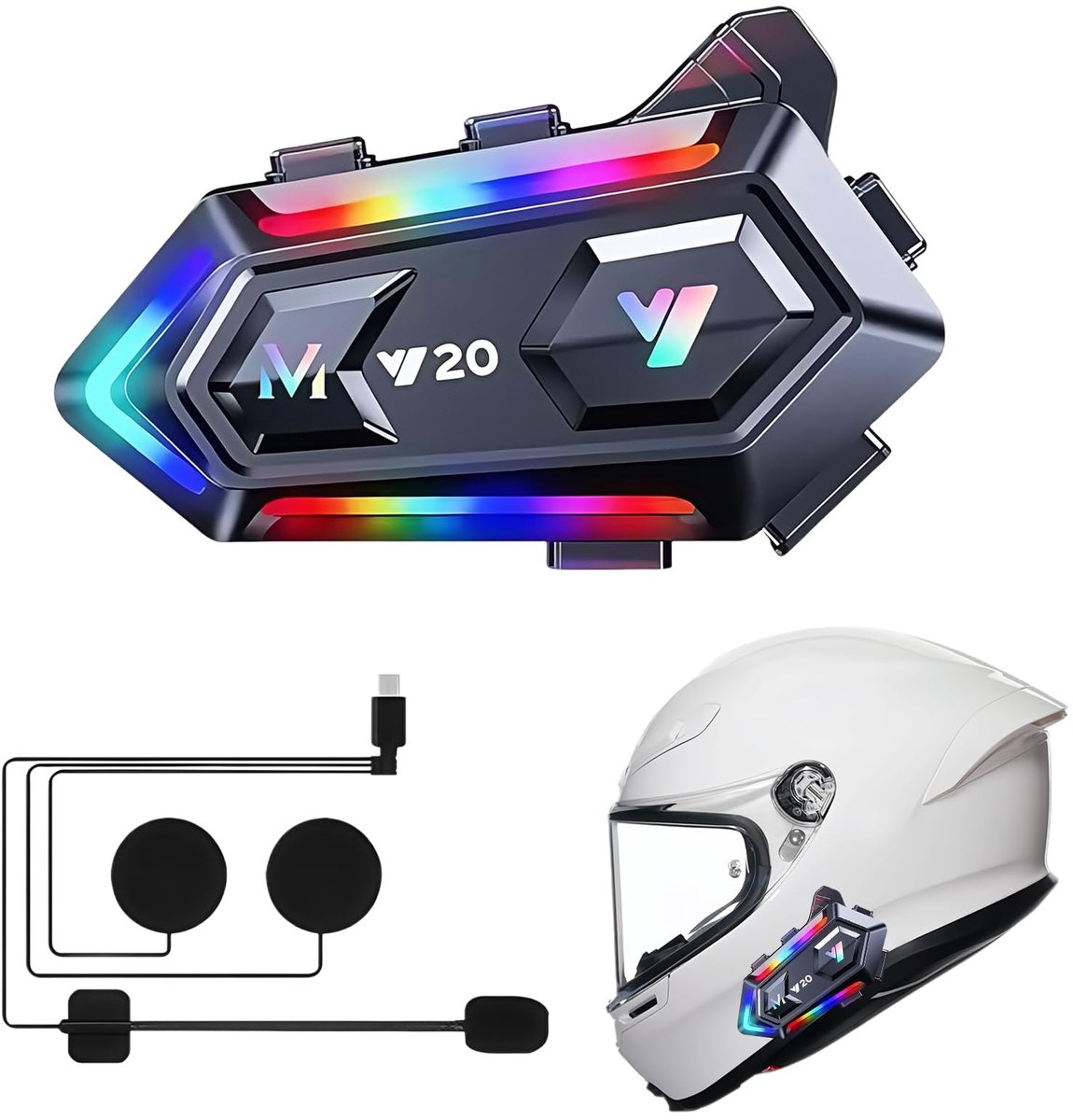 SnelShoppen - Bluetooth Motorhelm-hoofdtelefoon met Automatische Respons, 1000 mAh, Dubbele Ruisonderdrukking, IPX6 Waterdicht, RGB-Licht voor Moto, F
