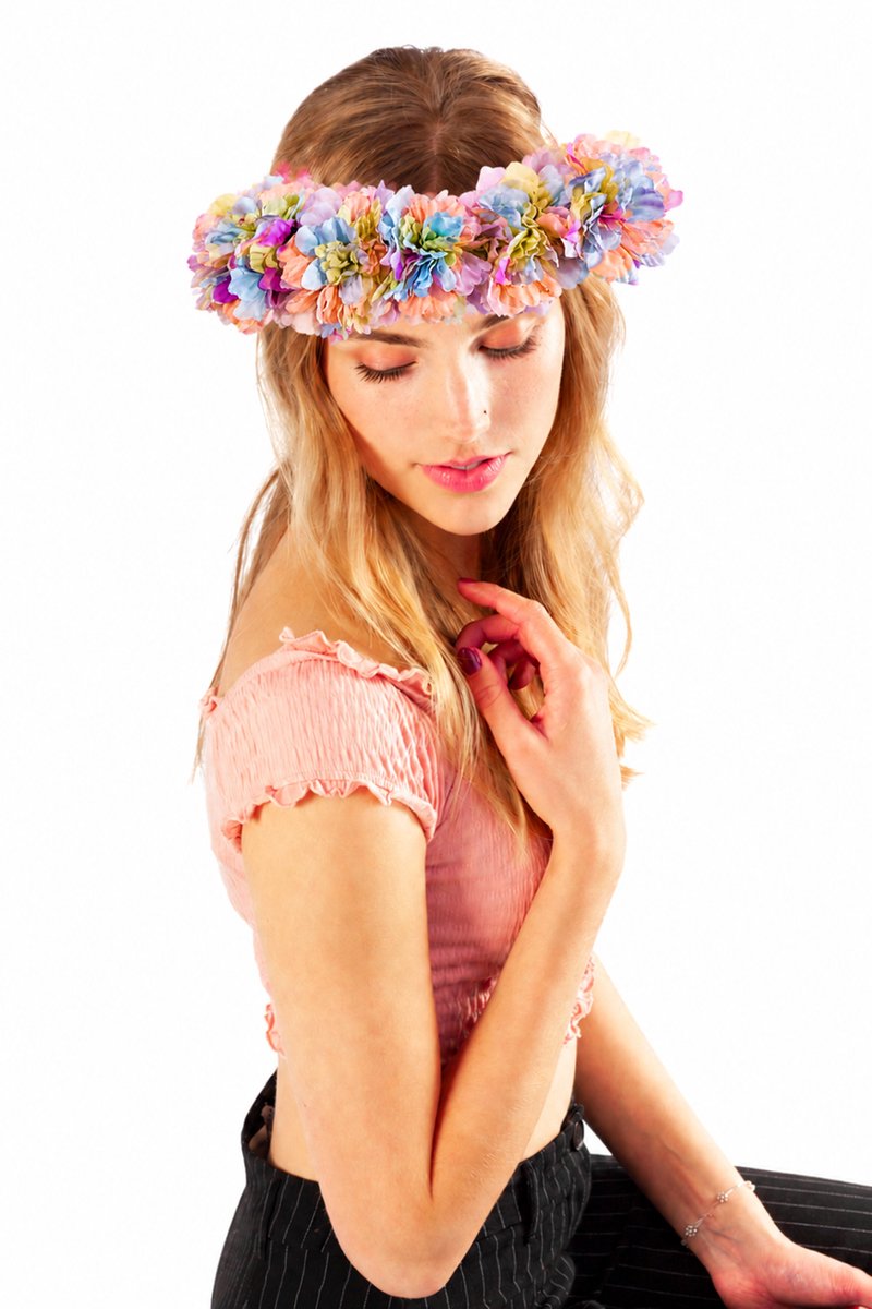 KIMU® Grote Ibiza Pastel Regenboog Bloemenkrans - Haar Gekleurde Bloemen Haarband Bloem - Tropical Exotisch Jungle Zomer Hibiscus Hawaii Festival