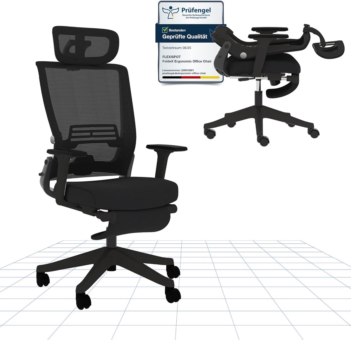 SnelShoppen - Ergonomische Bureaustoel Flexispot Foldex, Inklapbare Bureaustoel voor Kleine Ruimtes, Lendensteun, Hoogte Verstelbare Armleningen, 2D H