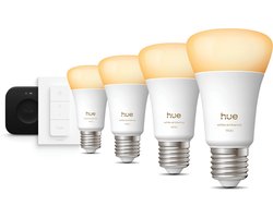 Philips Hue Starterspakket - E27 - met 4 Standaard lampen - Warm tot Koelwit Licht - Incl. Hue Bridge Pro, Hue Dimmer Switch - Hue White Ambiance